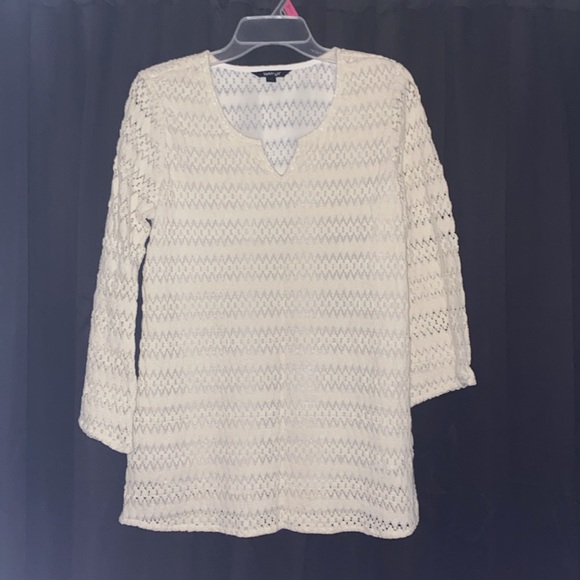 Ivory White Crochet Boho Bell-Sleeved Notch-Neck Flare Krazy Kat Tunic sz M - Picture 2 of 16